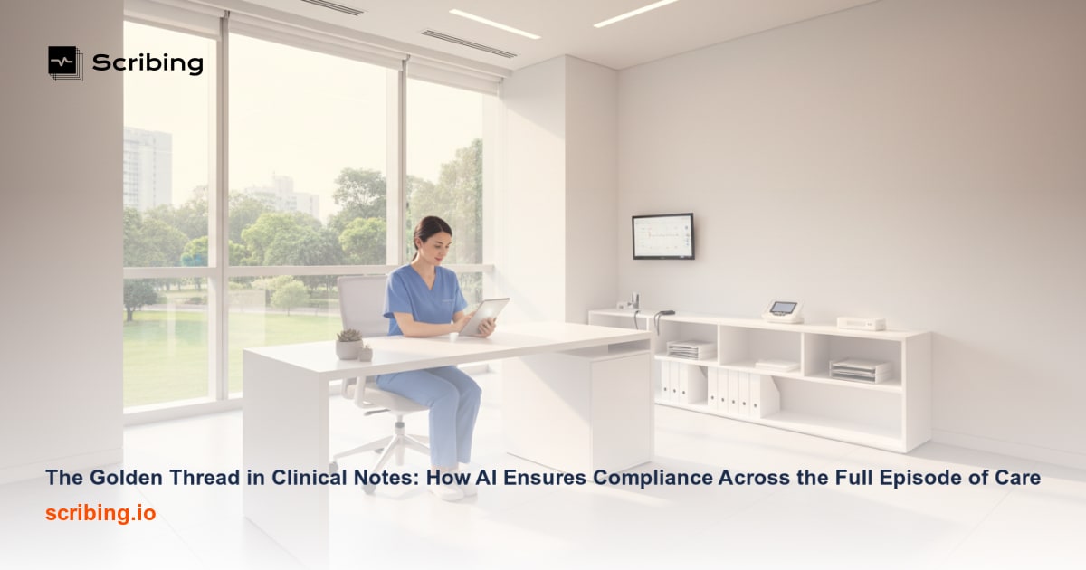 Illustration representing the Golden Thread concept in clinical documentation, showing connected elements of behavioral health notes linked for compliance