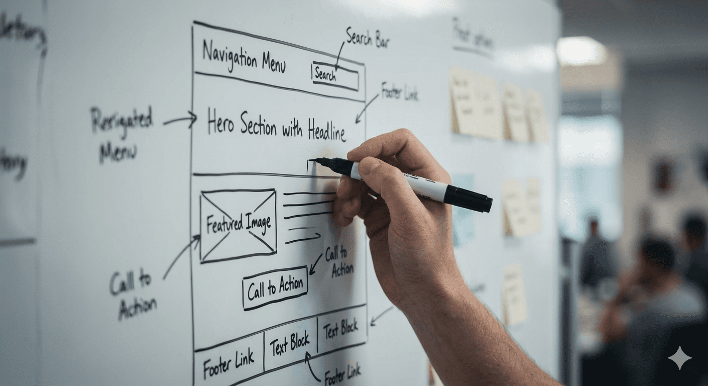 Hand sketching a website wireframe on paper with sections labeled 'Navigation Menu', 'Featured Image', 'Call to Action', 'Footer Link', and 'Text Block', using a black pen.