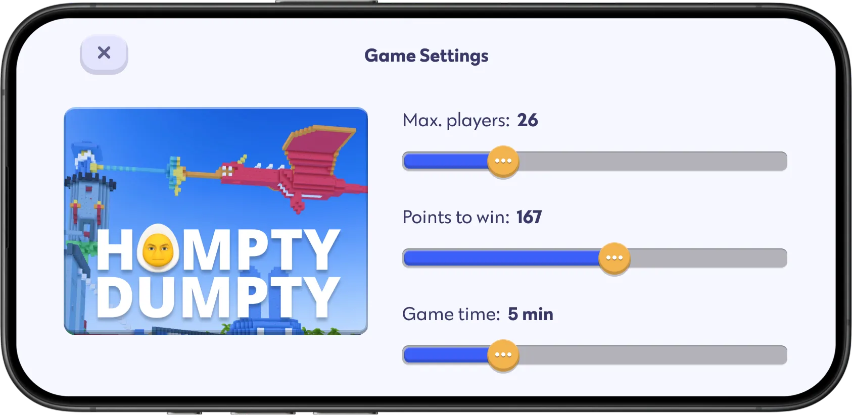 Chudo game settings screen showing a game thumbnail and adjustable level parameters for maximum players, points to win, and game time.