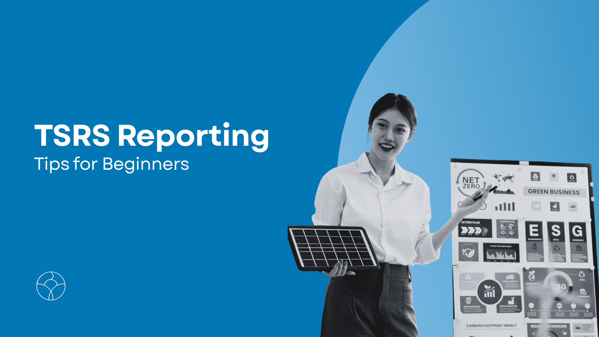 A woman giving a presentation in the TSRS Reporting process. Graphs of ESG, Net Zero, and Sustainability Reporting Standards.