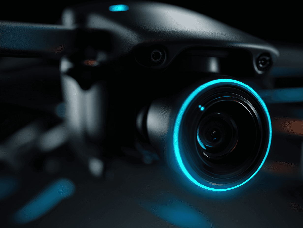 A sleek drone captured in dramatic lighting, showcasing its advanced camera and modern design with a glowing blue accent, illustrating cutting-edge drone technology.