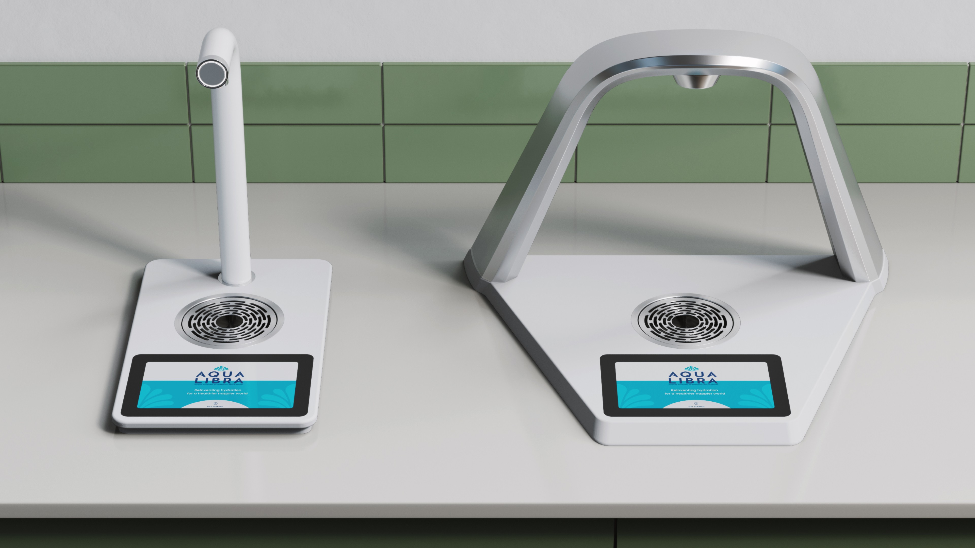 Comparison of two Aqua Libra Flavour Tap models with embedded touchscreen UIs on a countertop