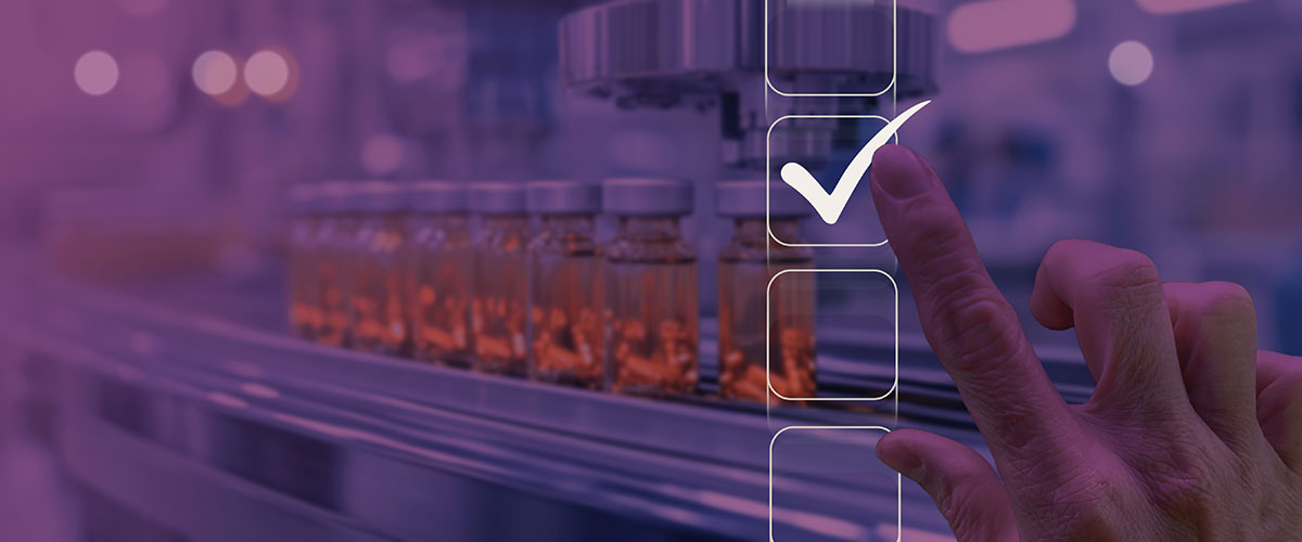 A hand interacts with a touchscreen displaying a checklist with a checkmark, set in a purple-themed background.