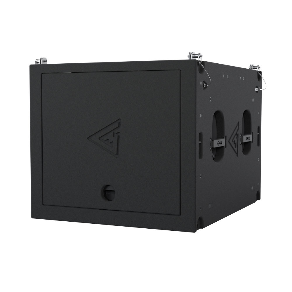 Black speaker cabinet with embossed triangle logo.
