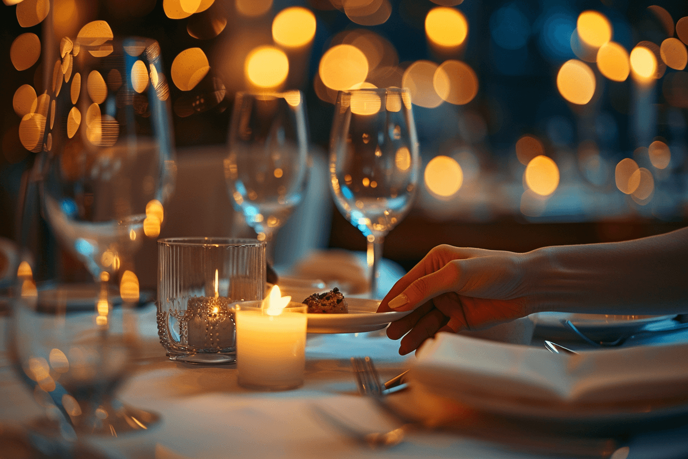 Discreet private chef service placing a course at an elegant River Oaks dinner table with candlelight bokeh.