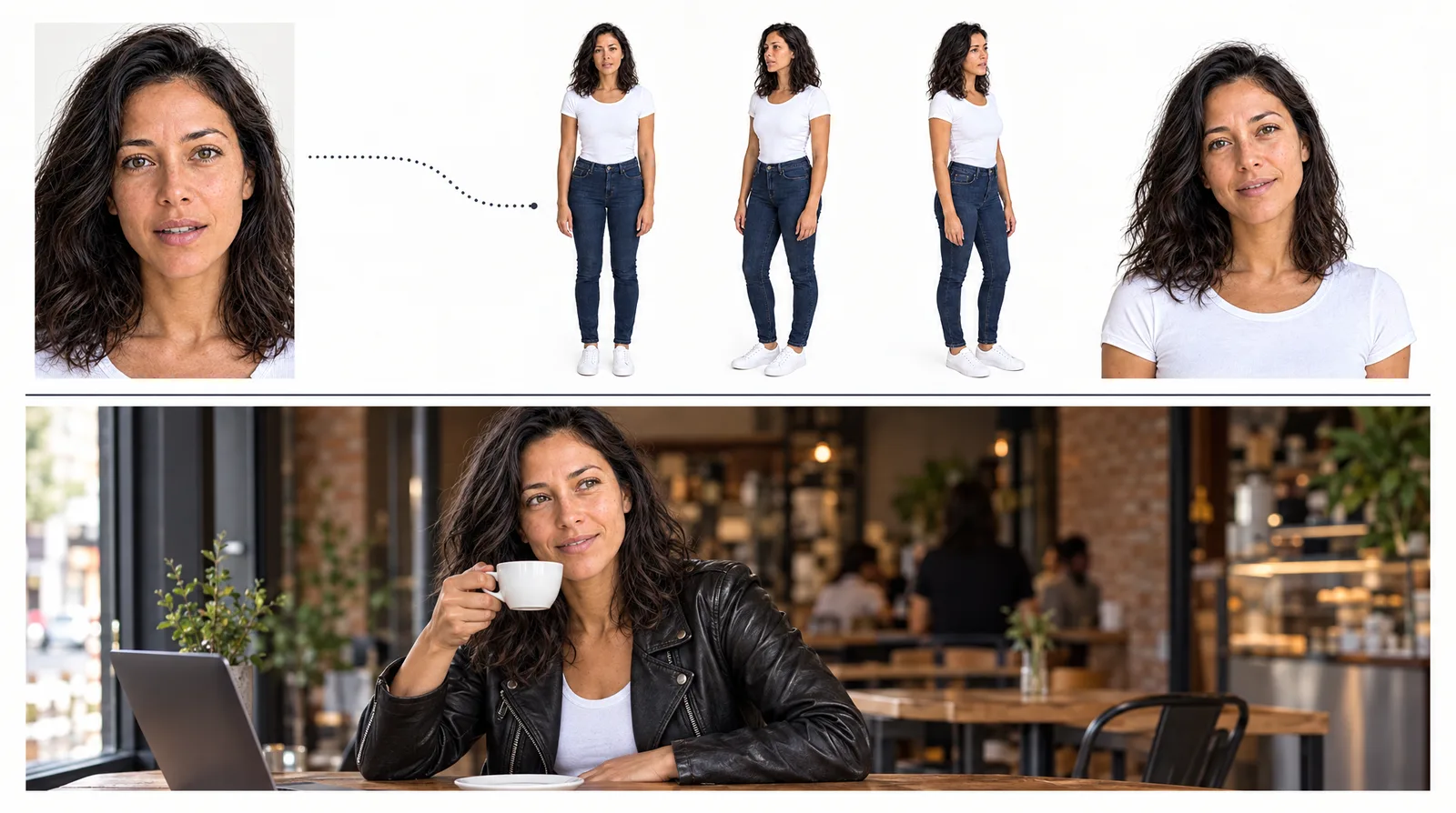From one actor photo to a character reference sheet to a finished scene of the same woman in a coffee shop