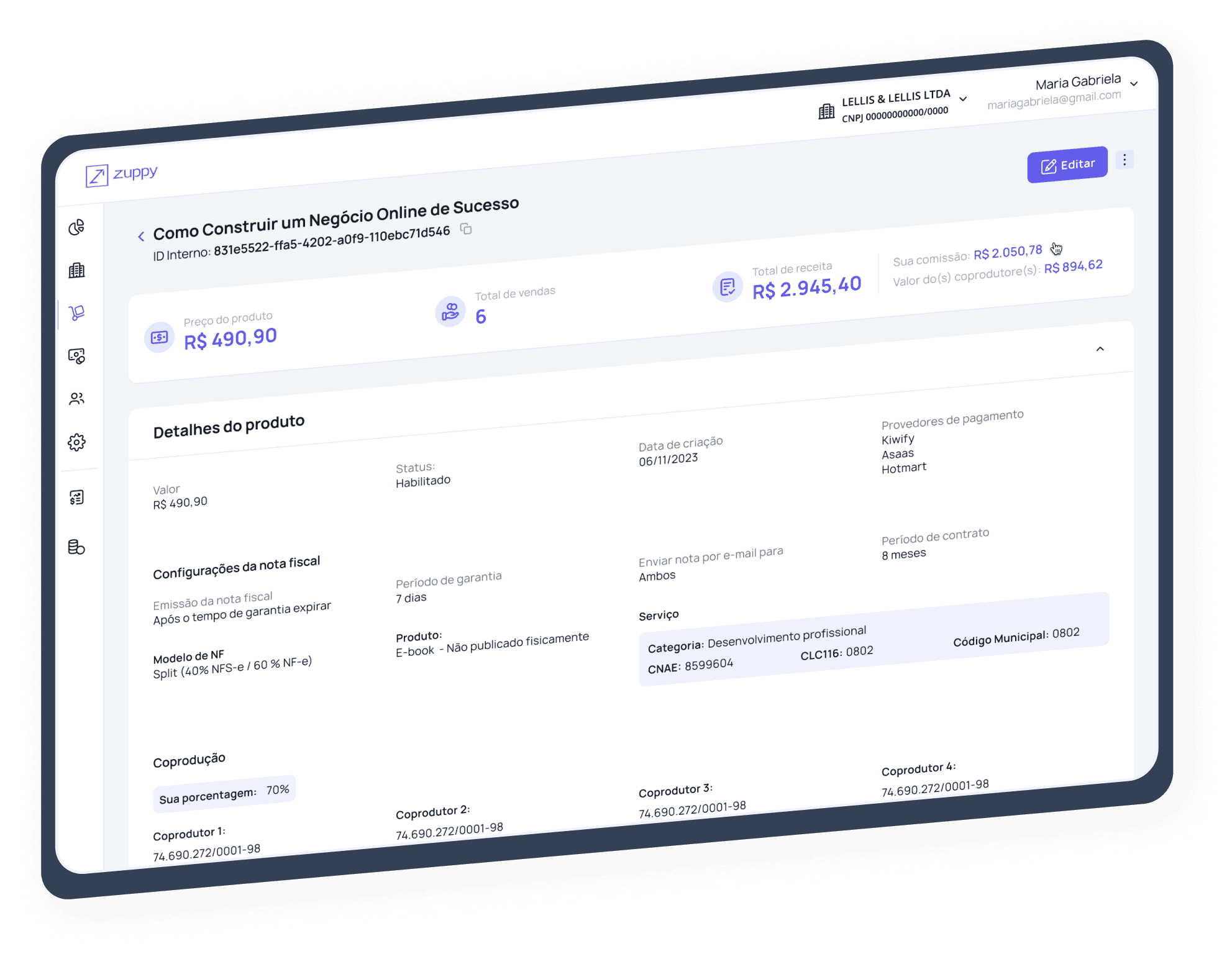 Imagem de um tablet exibindo dados de um produto vendido