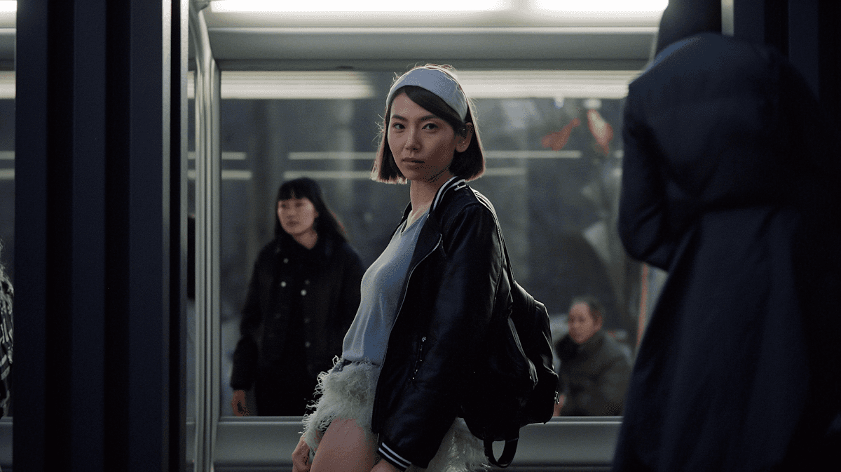 A young woman smiles in a subway station, while two others stand in the background, creating a dynamic urban scene.