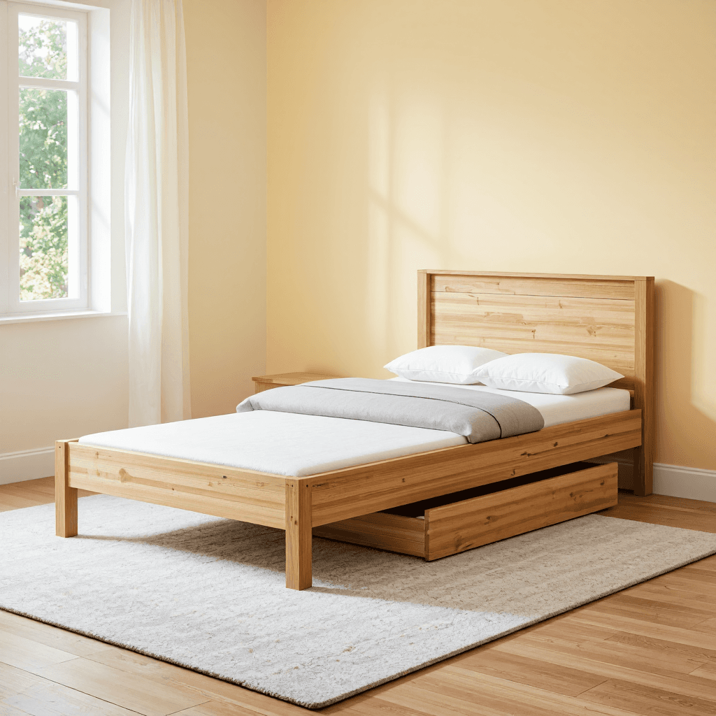 product photography of a single bed with a pull-out trundle