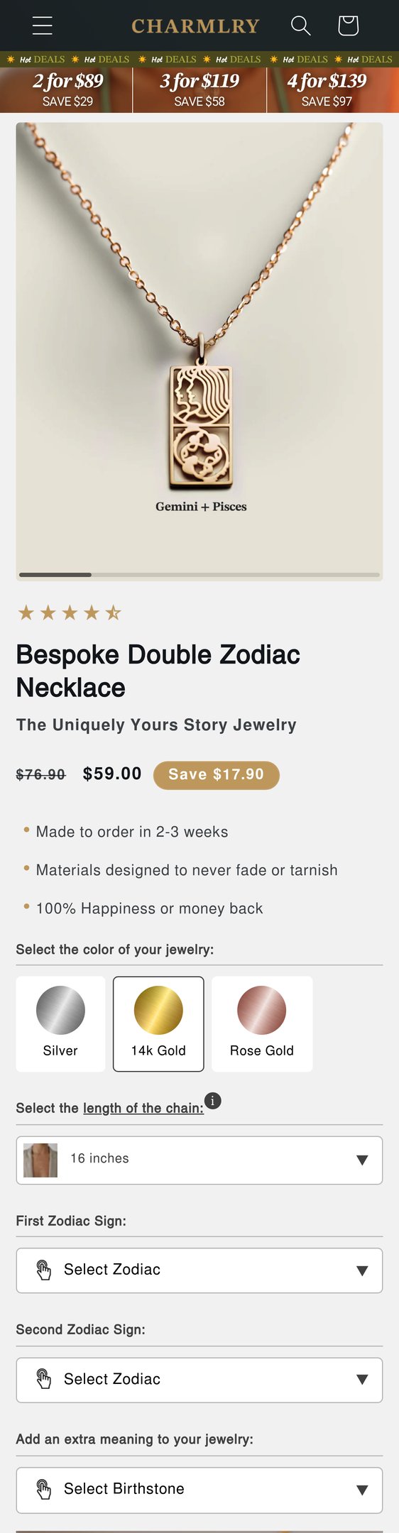 Jewelry product options include: necklace, pendant for Bespoke Double Zodiac Necklace from Charmlry.
