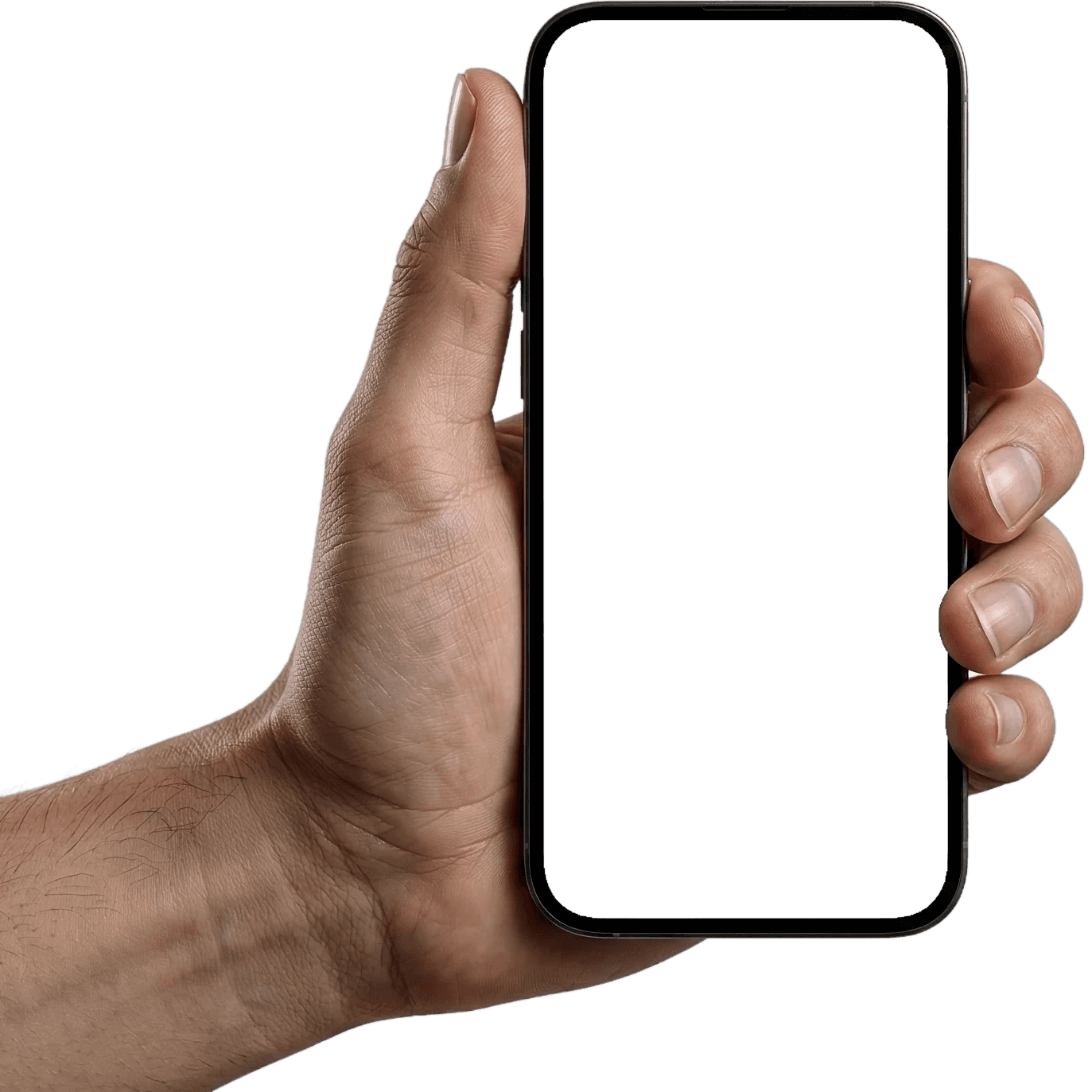 A hand holding a black smartphone with a blank white screen.