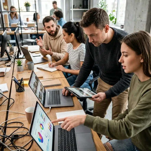 Équipe de consultants en atelier de travail analysant des graphiques de performance et des entonnoirs de conversion sur plusieurs écrans et supports papier, illustrant notre expertise en Marketing digital et acquisition de leads pour optimiser le ROI de vos campagnes.