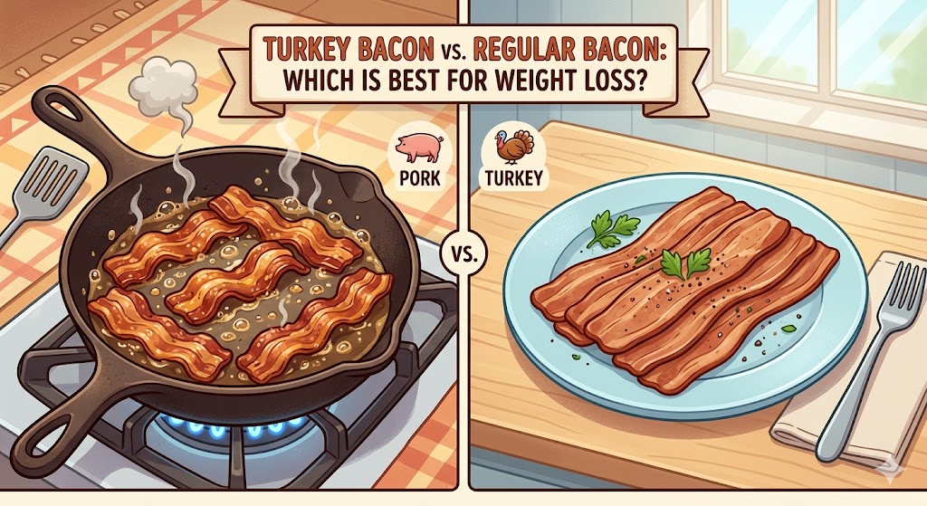 A professional cartoon comparison of pork bacon sizzling in a cast iron skillet (left) versus lean turkey bacon on a plate (right), titled 'Turkey Bacon vs. Regular Bacon: Which is Best for Weight Loss?'. Includes visual cues like a pig icon for pork and a turkey icon for turkey bacon.