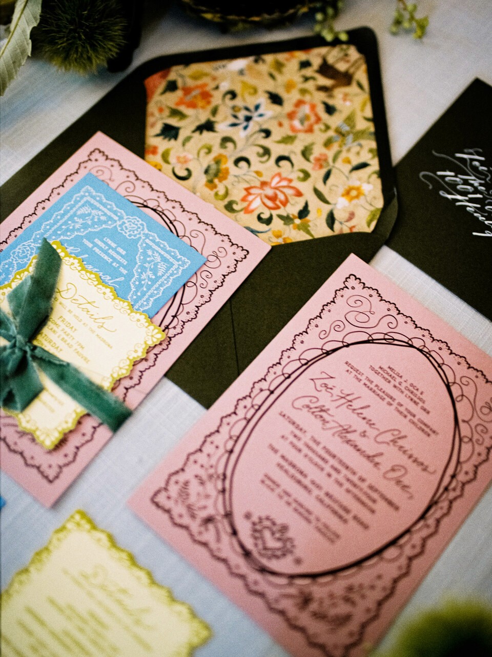 Poor-Things inspired wedding invitation suite with fall and jewel tones for a wedding in California