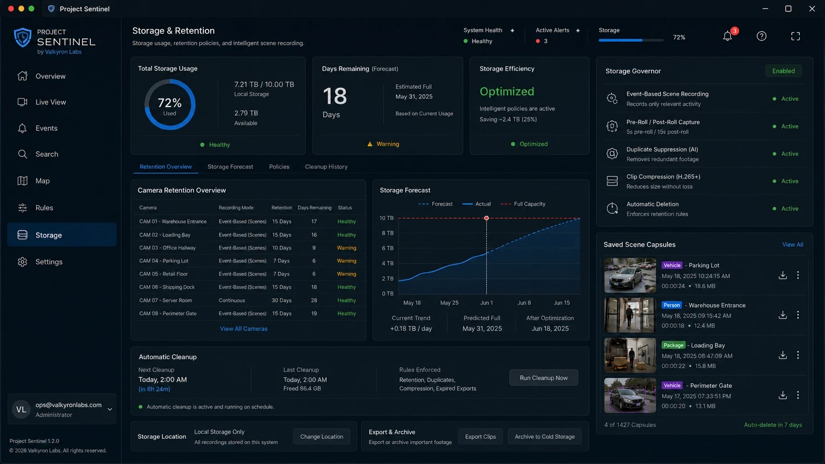 Project Sentinel concept storage dashboard showing retention forecasts, event-based recording, automatic cleanup, and saved Scene Capsules.
