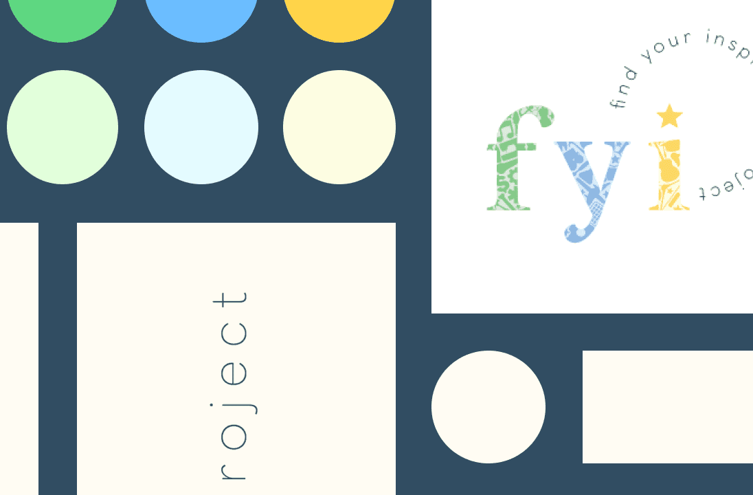 A flatlay of some elements of the FYI branding, including logo, colors, and sample graphics.