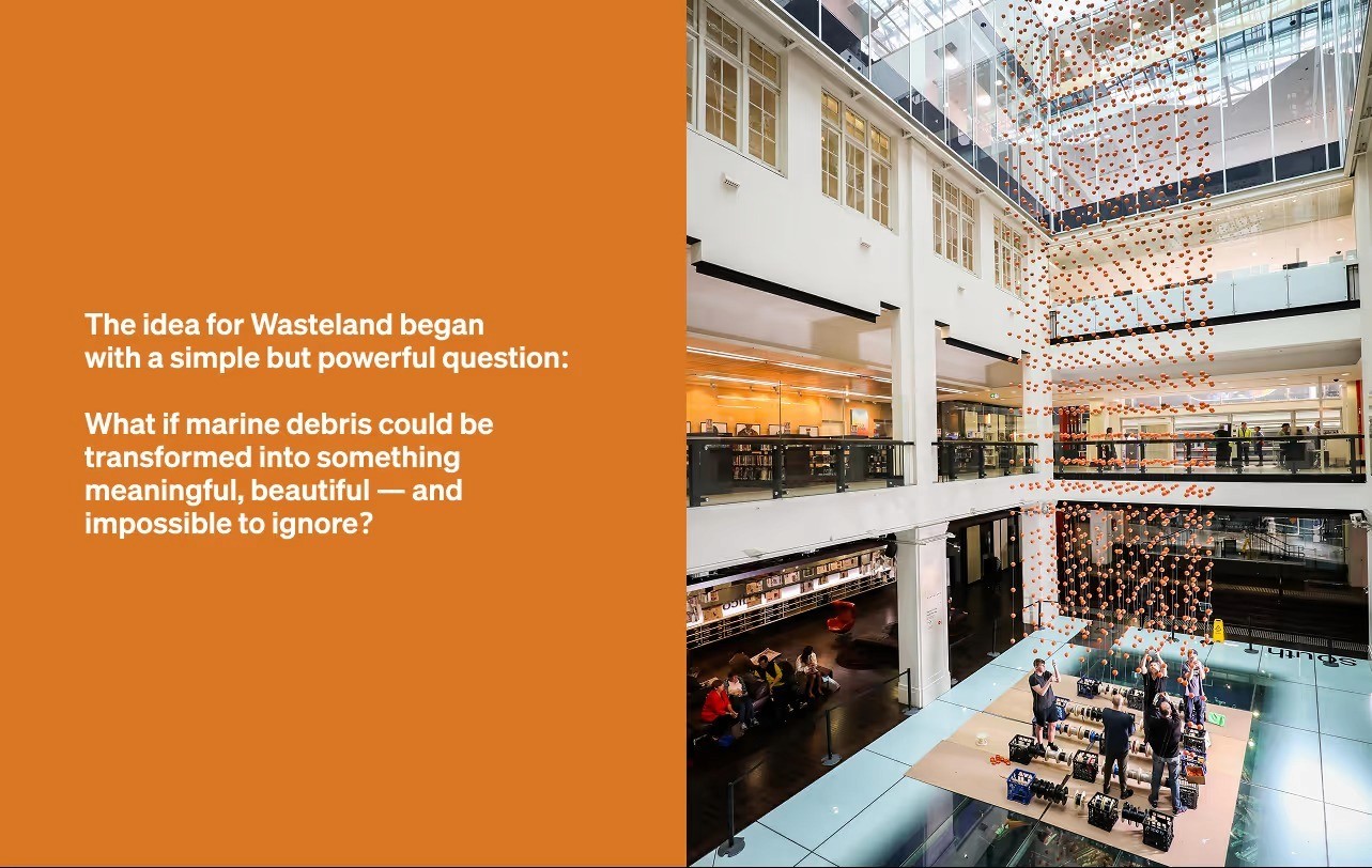 Split image: the founding question for Wasteland beside a photo of orange spheres being installed through the multi-level atrium of Sydney's Customs House.