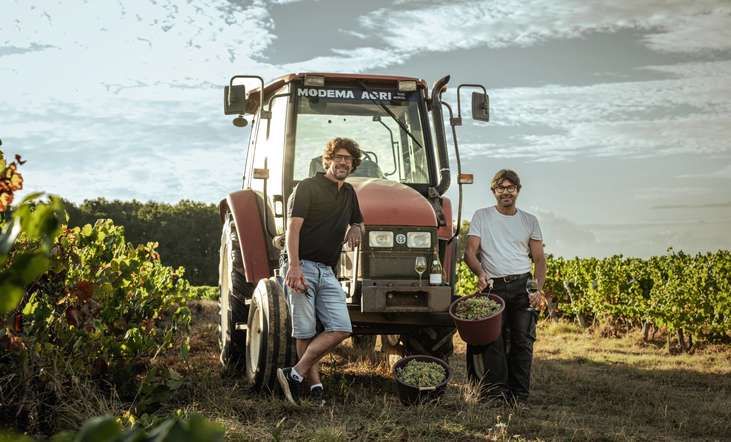 Les vignerons du domaine devant un tracteur dans les vignes