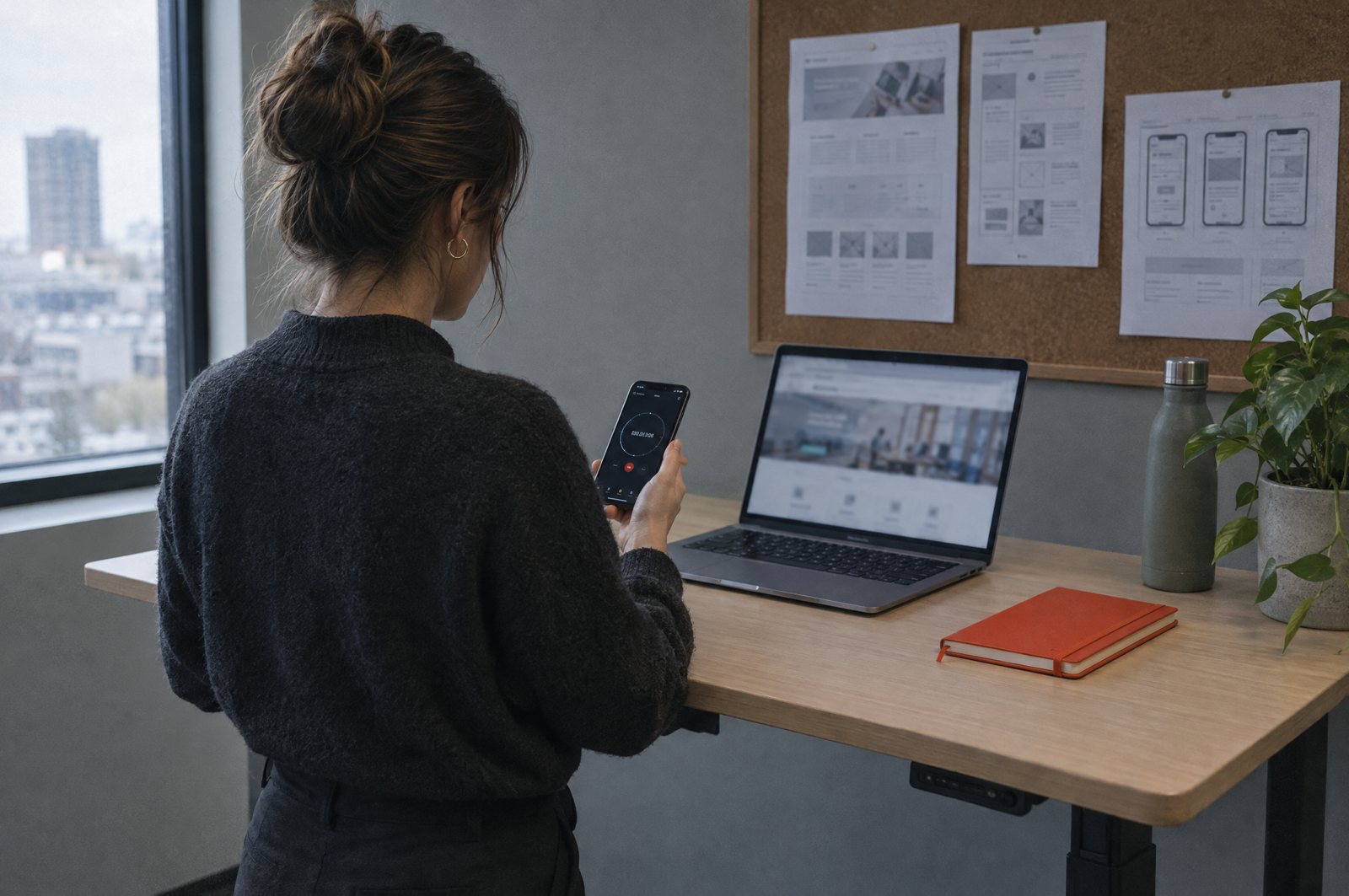 A head of marketing at a standing desk, seen from behind, timing a homepage load on her phone with a stopwatch app while the same page sits on a laptop; printed website wireframes pinned to a corkboard, a red-orange notebook on the desk