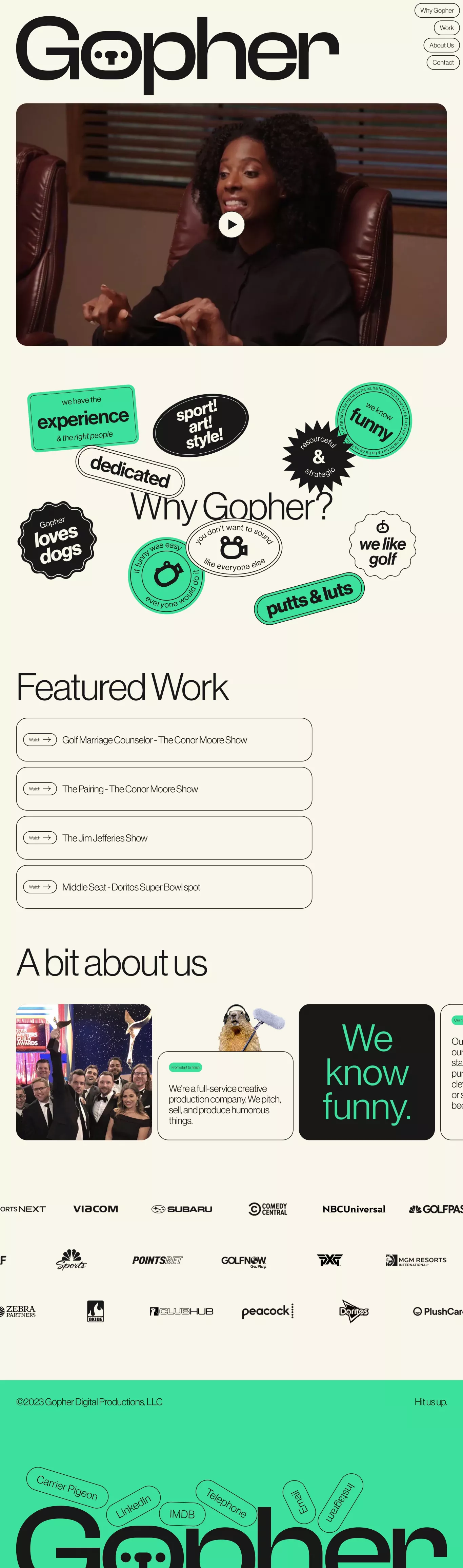 Gopher Productions portfolio page screenshot showcasing Design and Tech design