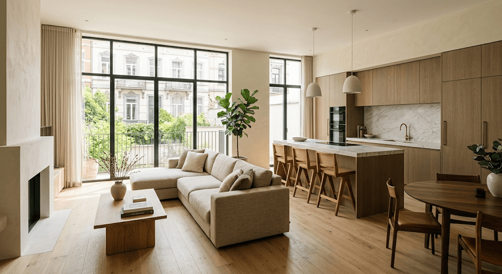 Appartement entièrement rénové avec espaces ouverts et finitions contemporaines.
