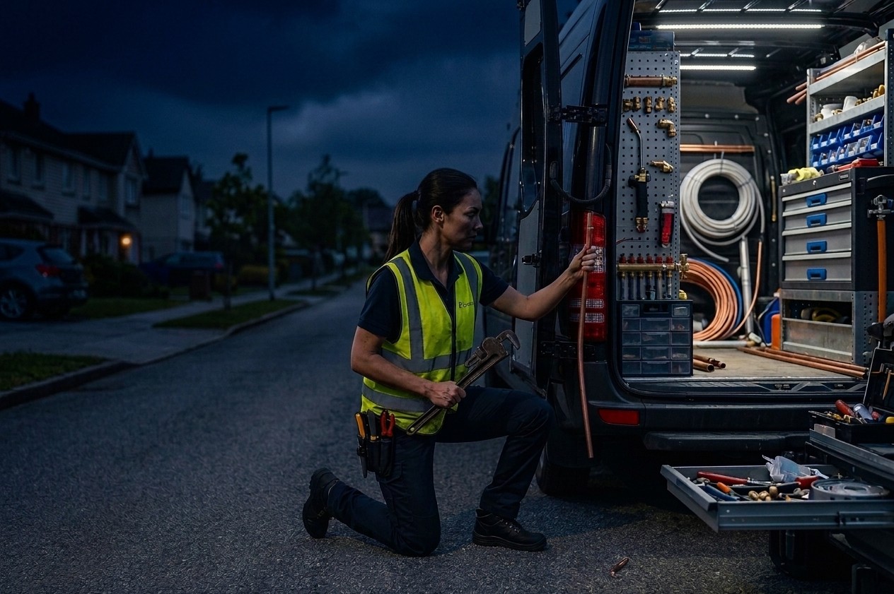 Plumber in reflective gear retrieving tools from the back of a service van at night.