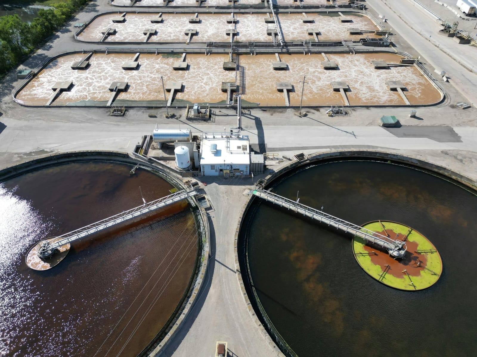 Aerial view of a wastewater treatment facility.