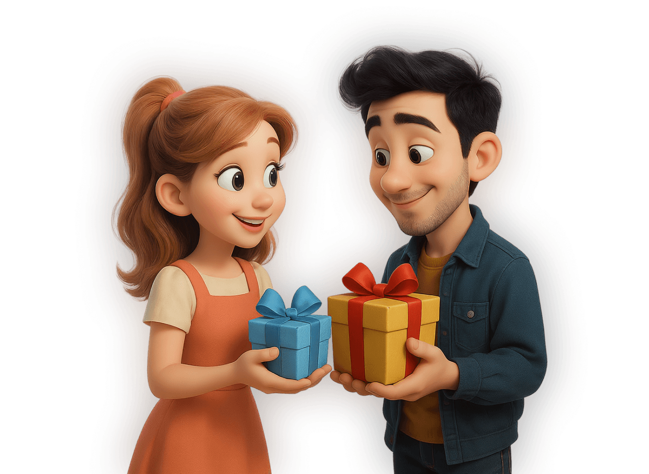 Two animated characters smiling and exchanging wrapped gifts with bows, one holding a blue box and the other a yellow box with a red ribbon.