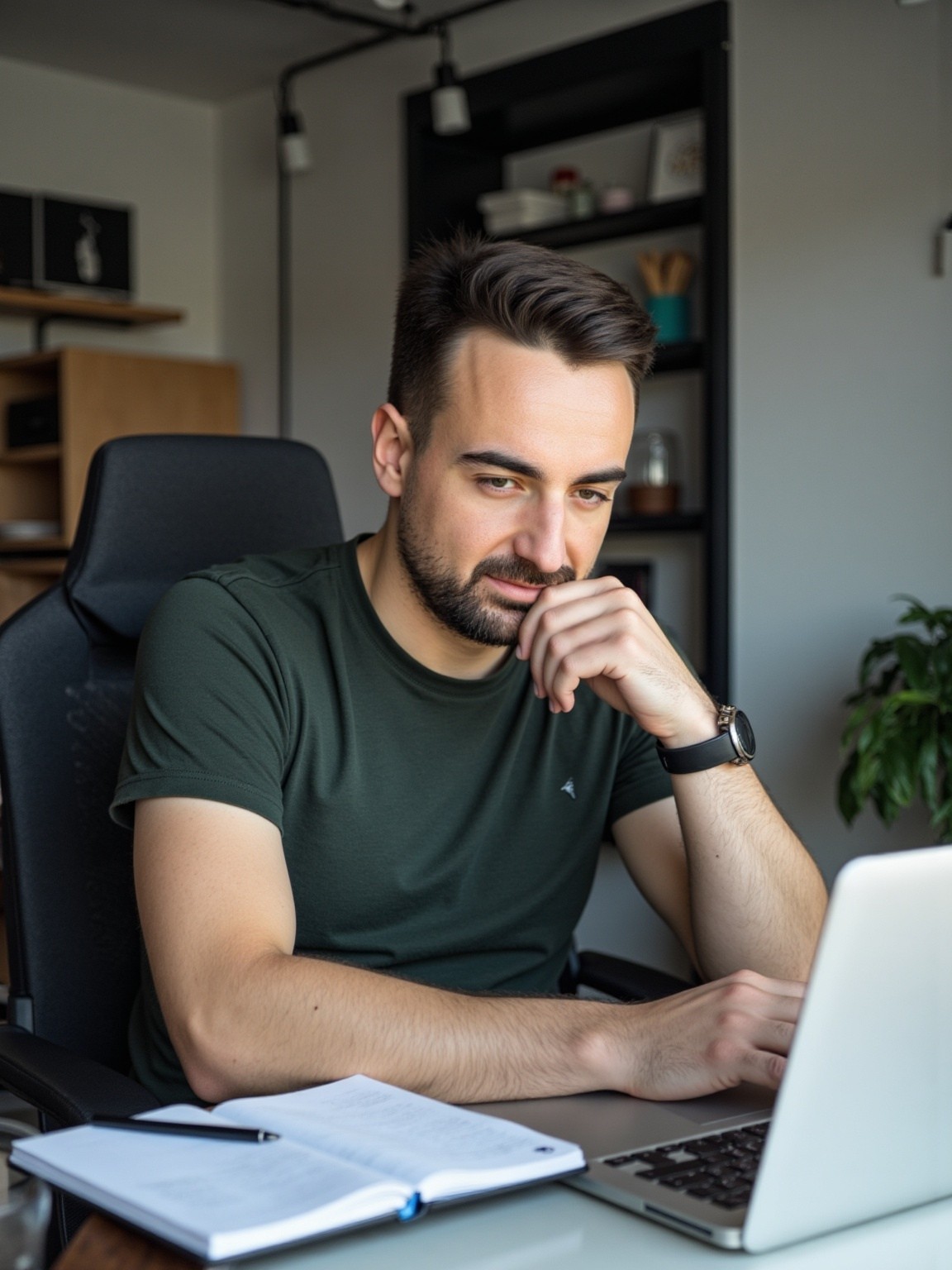 Unser Gründer Daniel Schatzl sitzt an seinem MacBook und denkt nach