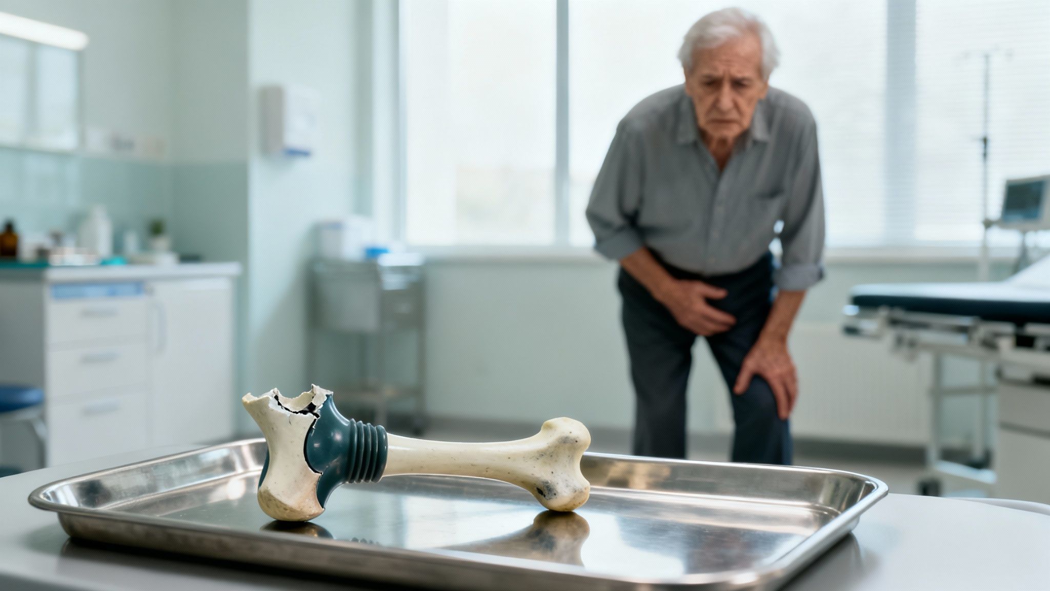 Elderly man with knee pain looking at defective hip replacement prosthesis in medical office
