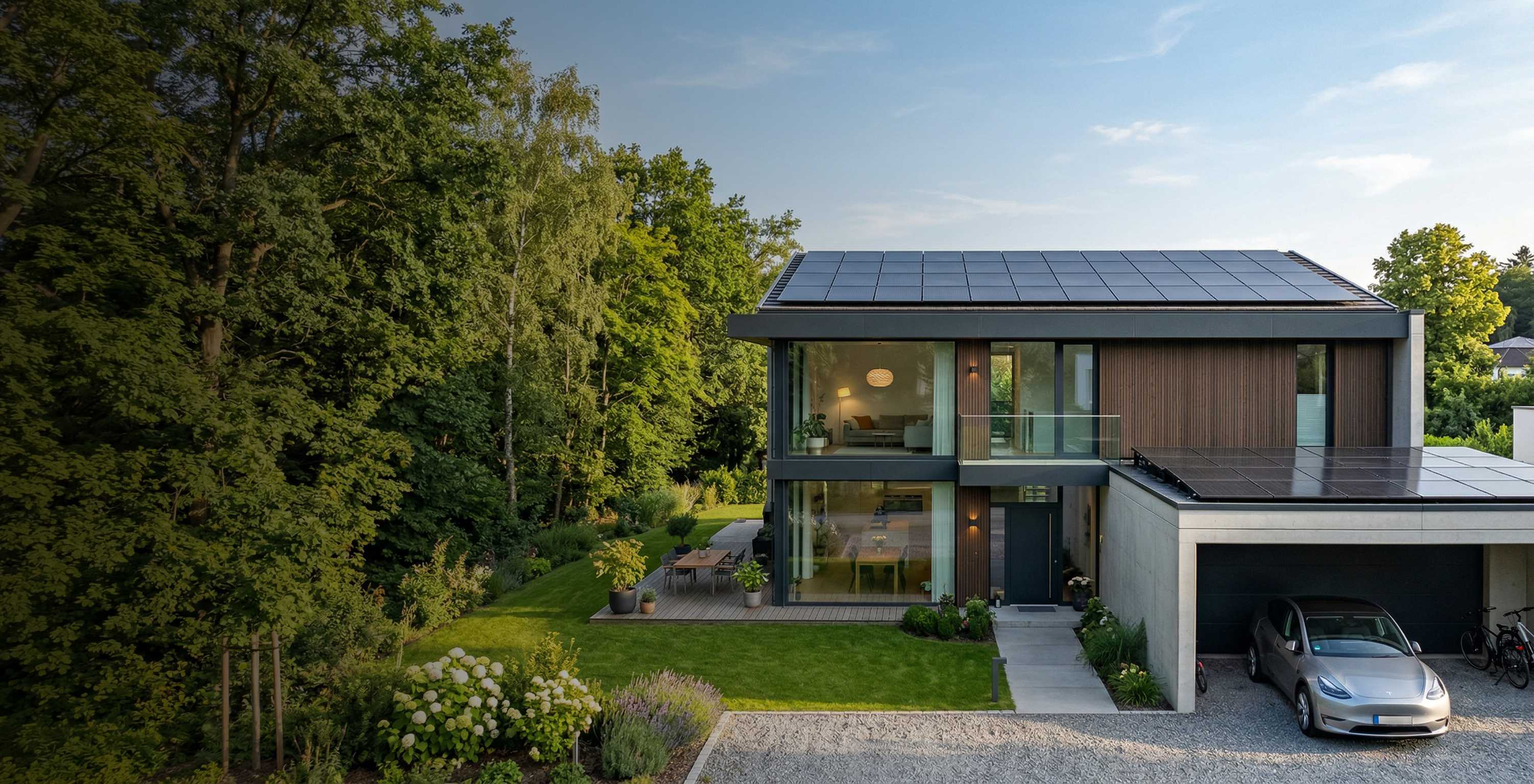 Foto von einem modernen Haus mit Solarenergie. Links sind Bäume, in der Mitte ist das Haus mit den Solarmodulen auf dem Dach. Modern, große Glasscheiben und es ist ein Einfamilienhaus. Auf dem Garagendach sind auch Solarmodule installiert.