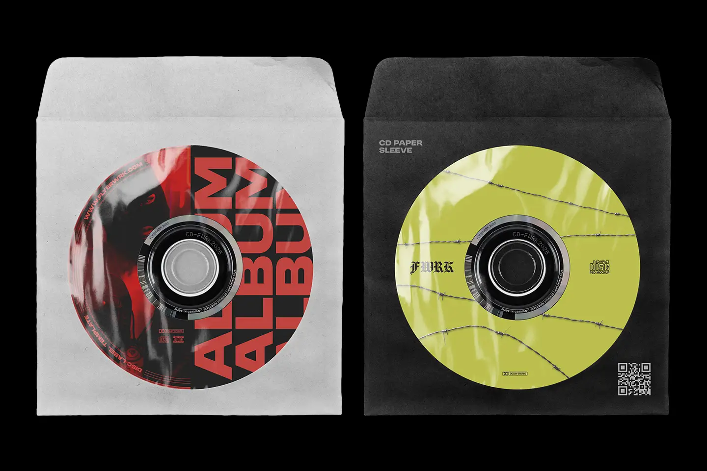 CD Paper Sleeve Mockup displaying custom red and yellow album artwork designs within textured paper sleeves