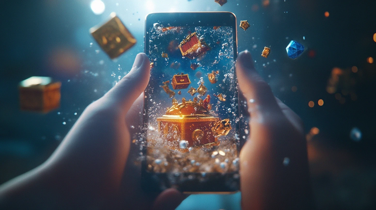 This image shows a person holding a smartphone, with a vivid 3D treasure chest and floating gems emerging from the screen, symbolizing the excitement of an AR treasure hunt. The digital treasure chest, surrounded by shimmering jewels and golden objects, highlights the immersive nature of an Augmented Reality treasure hunt, where users can interact with virtual rewards in real-world settings through their mobile devices. The glowing elements illustrate the dynamic capabilities of an AR treasure hunt app, designed to engage users in interactive, location-based adventures. The image reflects the innovative potential of an AR event app, where augmented reality can be used to create gamified experiences, blending the thrill of treasure hunting with advanced AR technology. The detailed visual effects of the jewels and chest emphasize the interactive and rewarding nature of Augmented Reality treasure hunts, capturing the attention of users as they explore and collect virtual prizes during an AR treasure hunting experience.