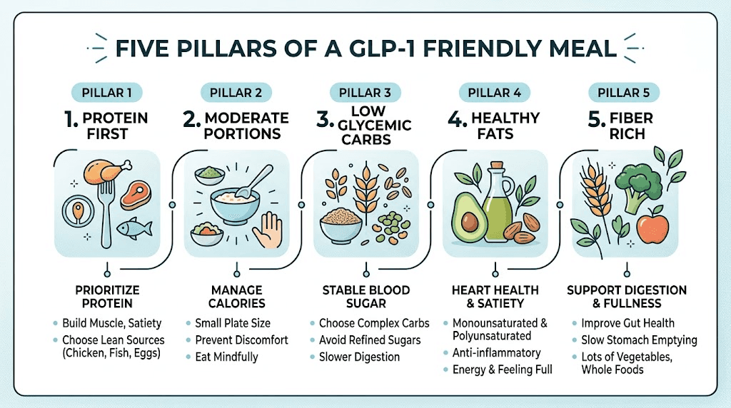 GLP-1 friendly meal principles infographic showing protein, portions, carbs, fats, and fiber