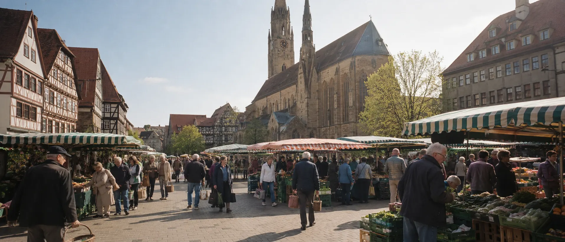 Heilbronner Marktplatz mit Kilianskirche, Wochenmarkt und Fachwerkfassaden