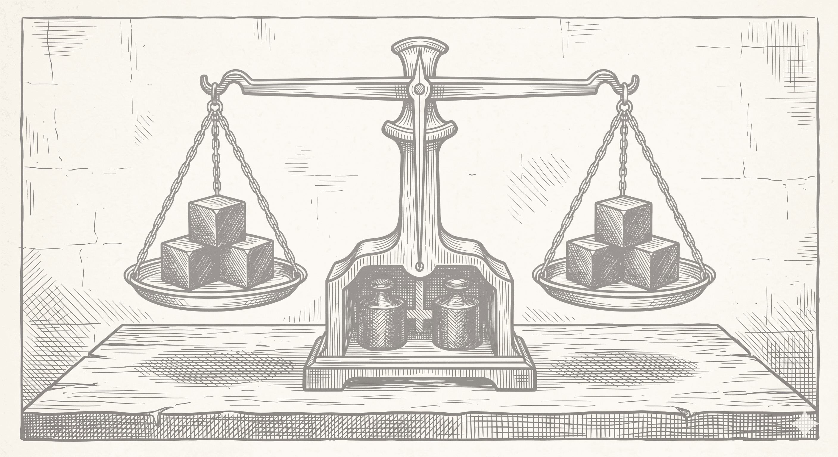 An etching-style illustration of a vintage, perfectly balanced mechanical scale standing centered on a rustic wooden table. The scale is made of ornate metalwork.  The central horizontal beam holds two hanging metal pans, suspended by chains. Each pan contains an identical stack of three charcoal-grey cubes (one on top of a base pair).  The central pillar of the scale has a vertical needle indicator pointing exactly to the zero mark, confirming the balance. Inside the open base of the scale stand are two smaller, bell-shaped metal weights.  The entire illustration is monochrome (greyscale) against a light, textured parchment-like background with faint brickwork lines, framed by a dark border. The artistic style uses extensive cross-hatching to define textures of metal, wood, and light shadows.