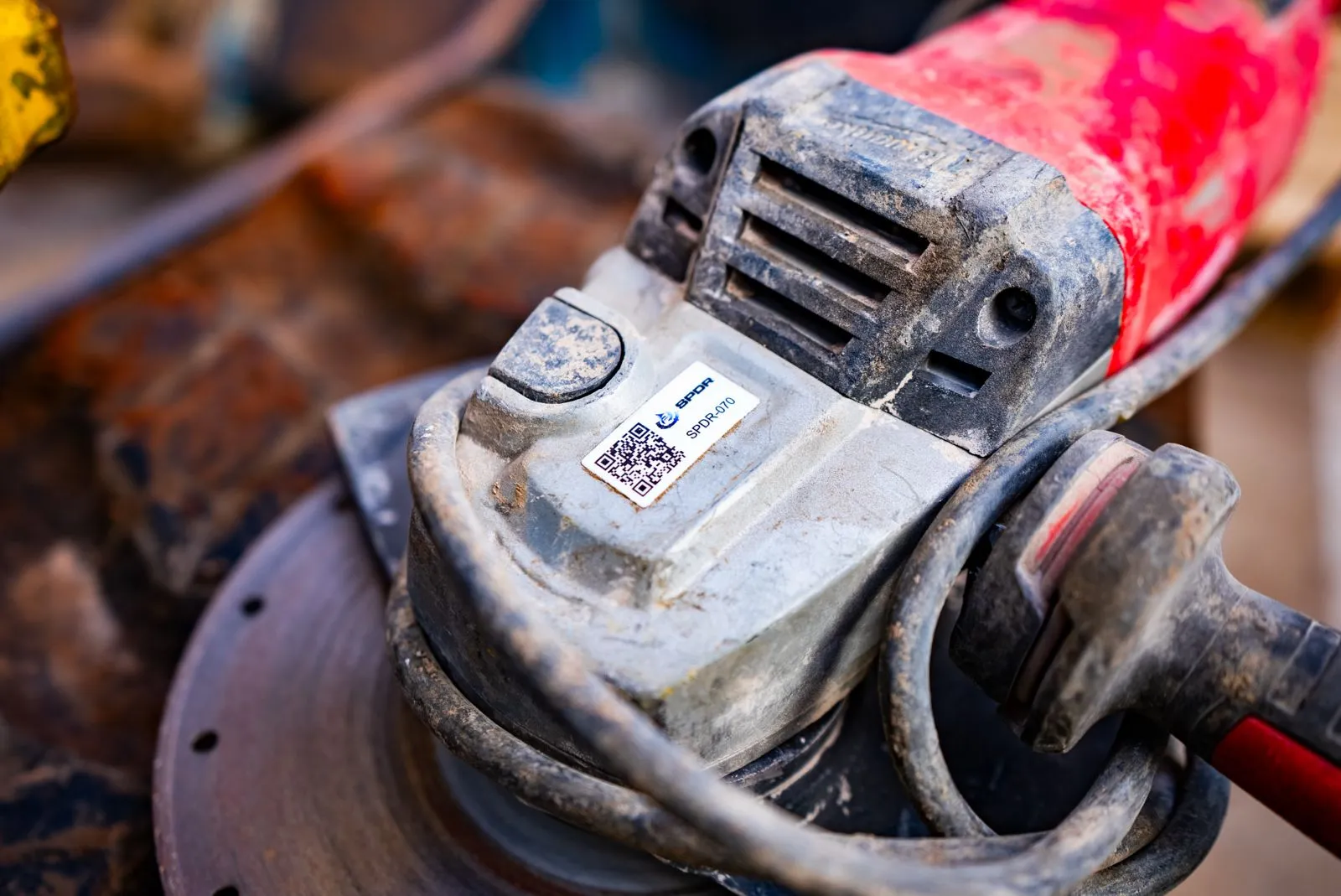 QR-labeled angle grinder tracked digitally using MapTrack asset management system.
