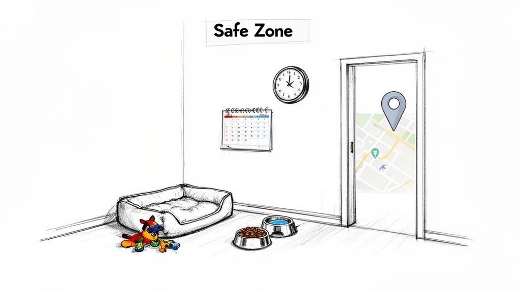 A pet's safe zone illustration with a bed, bowls, toy, clock, calendar, and a map indicating a location.
