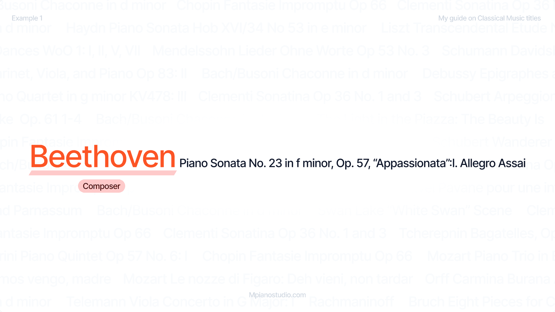 Highlighting the composer "Beethoven" in “Beethoven Piano Sonata No. 23 in f minor, Op. 57 Appassionata: I. Allegro Assai”.