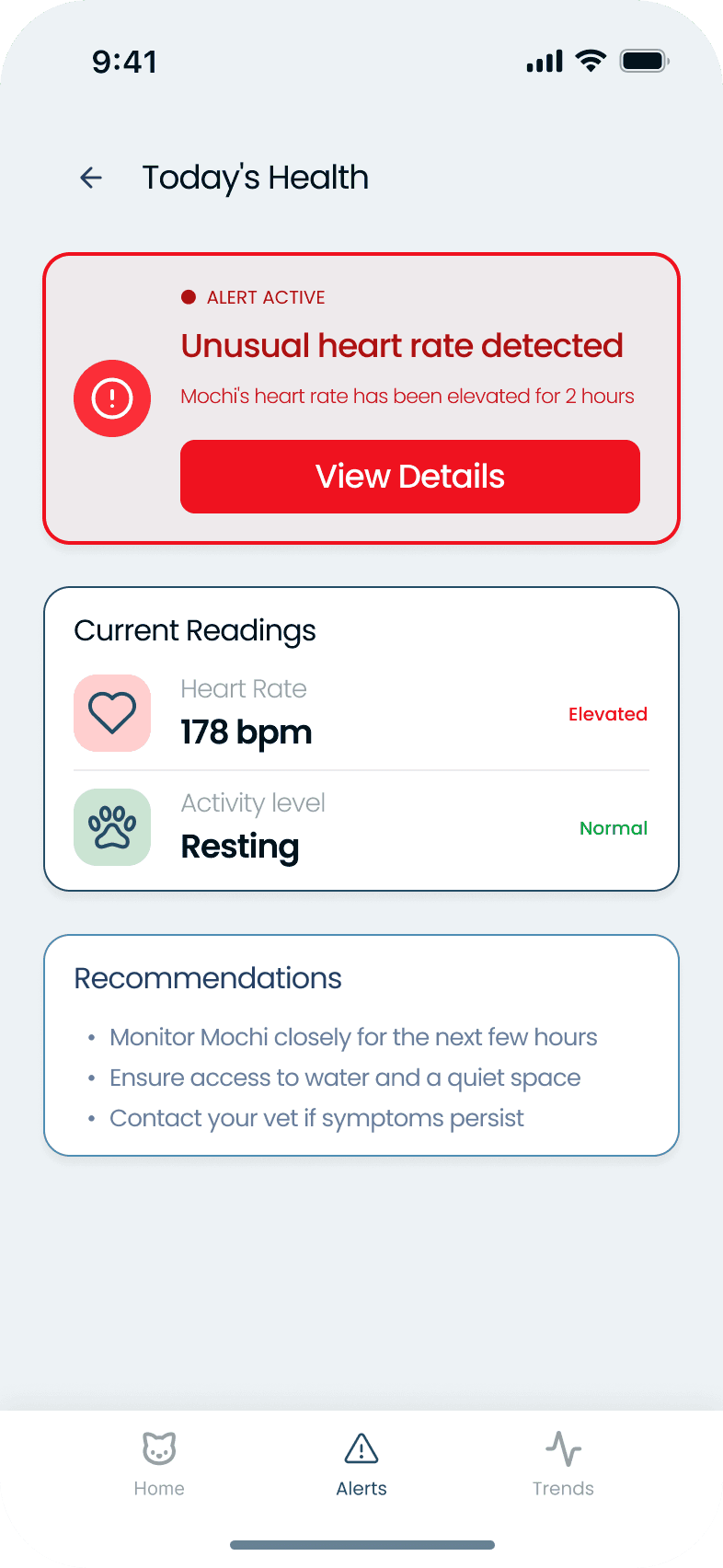 Alert page of the NineLives app. It shows in red an alert due to Unusual heart rate detected.