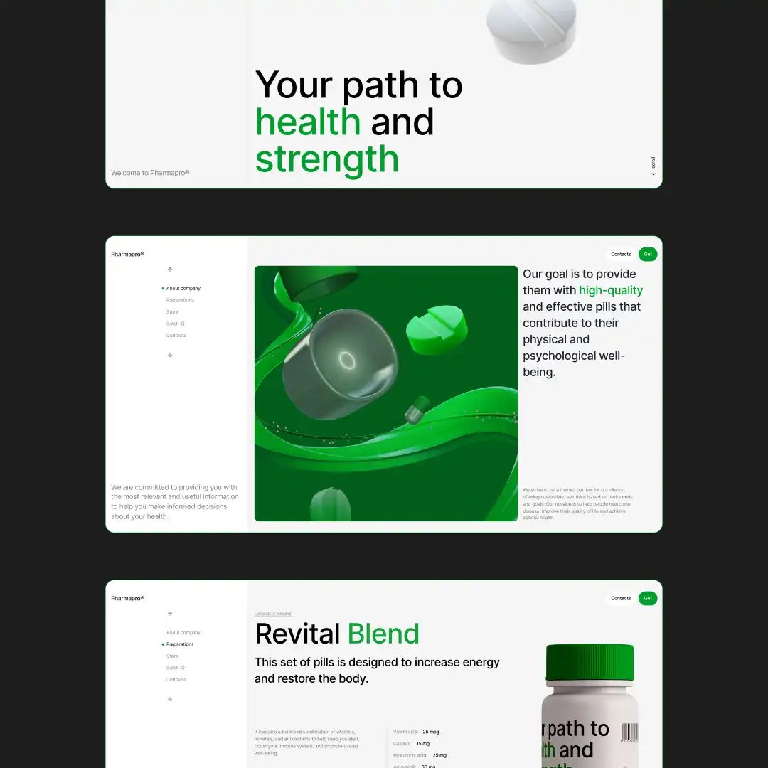 Pharmapro website landing page healthcare UI design sections