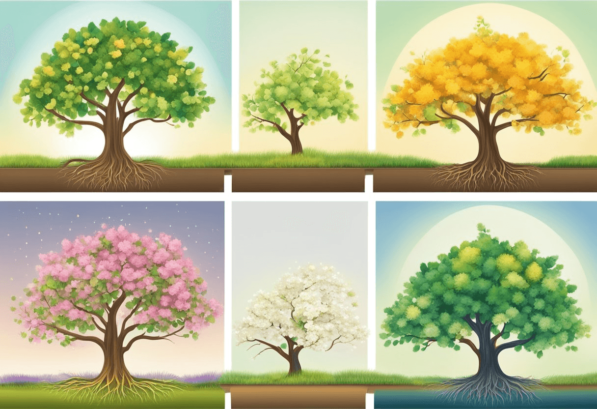 A vibrant tree with roots firmly planted, growing and blossoming through the seasons, symbolizing the nurturing and retention of talent at every stage of the employee lifecycle