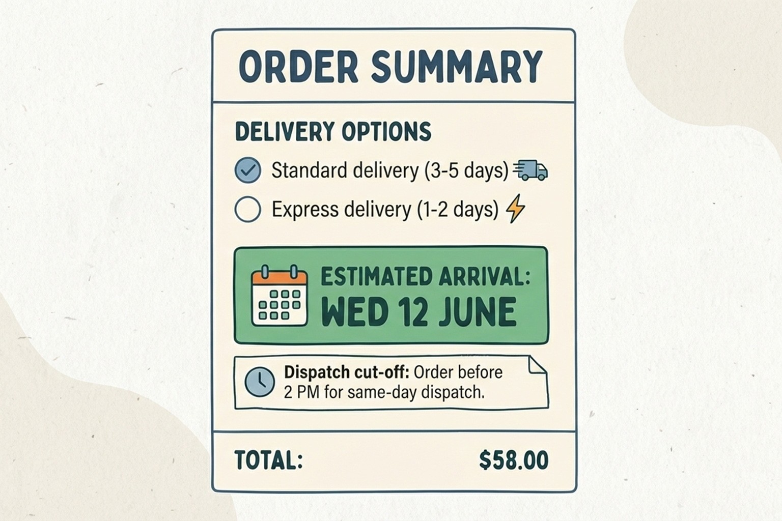 Checkout style mock showing delivery ETA and delivery options clearly