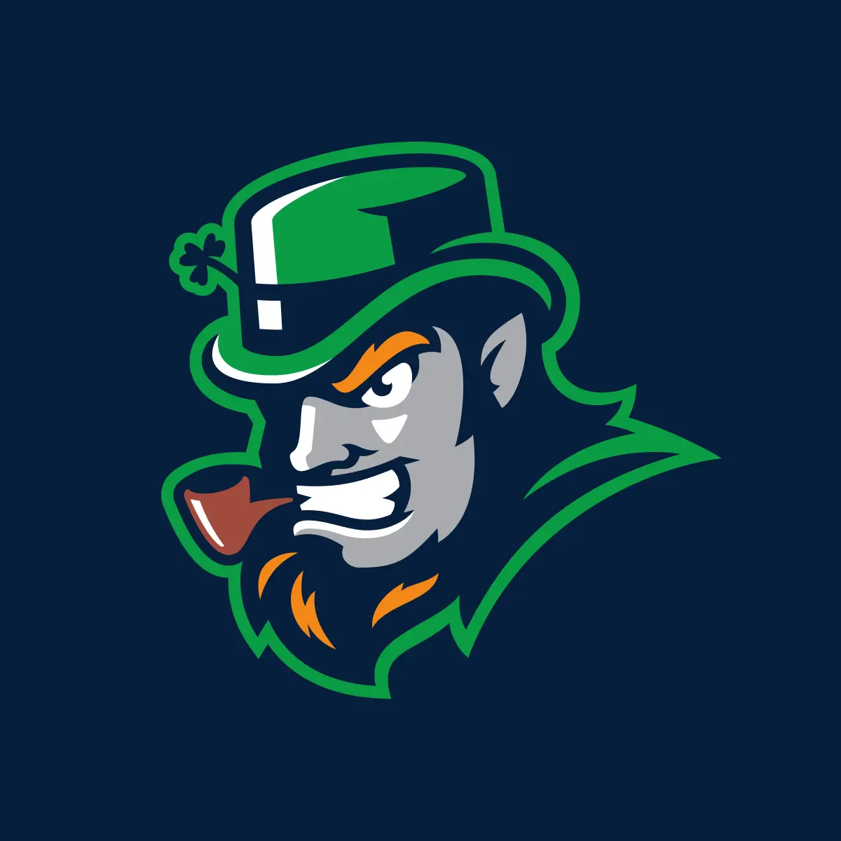 Stylized graphic of a leprechaun with a green hat and clover, orange beard, and pipe, smirking confidently against a dark blue background.