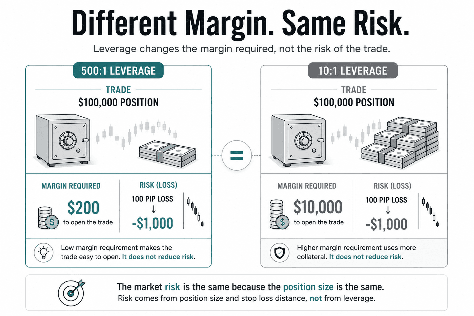 Side-by-side comparison of two identical $100,000 forex positions, one using 500-to-1 leverage requiring $200 margin and one using 10-to-1 leverage requiring $10,000 margin, with both showing the same $1,000 loss after a 100-pip move.