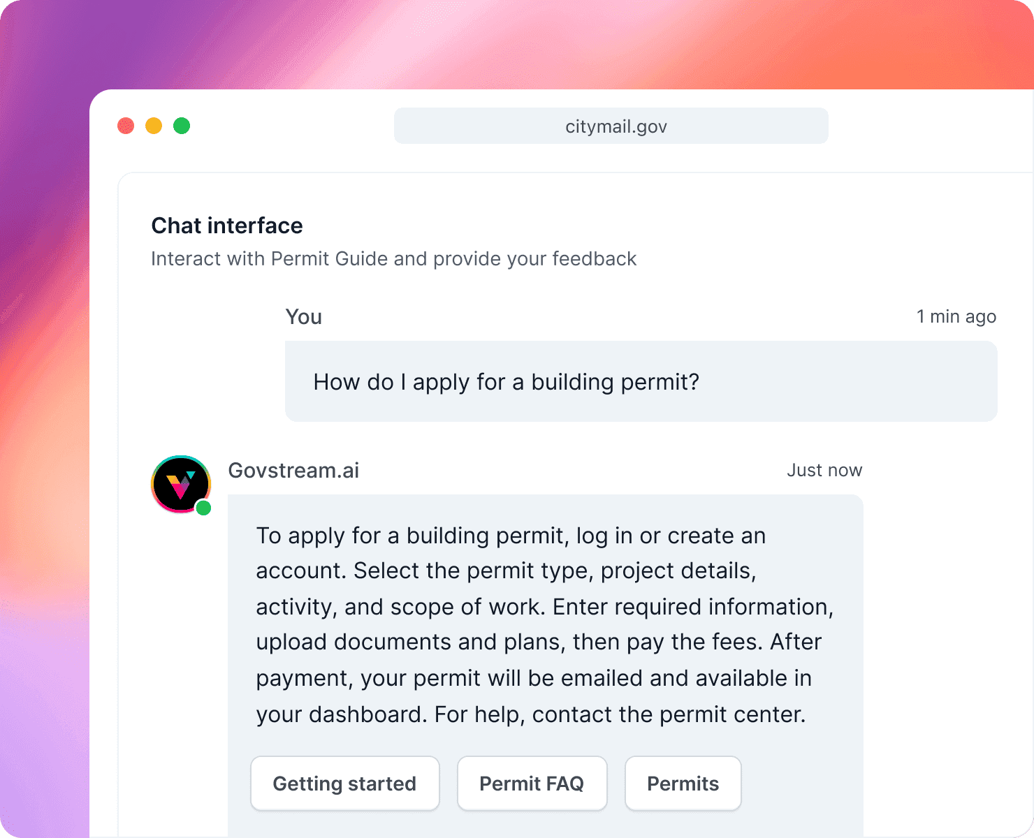 GovStream AI chat window on citymail.gov