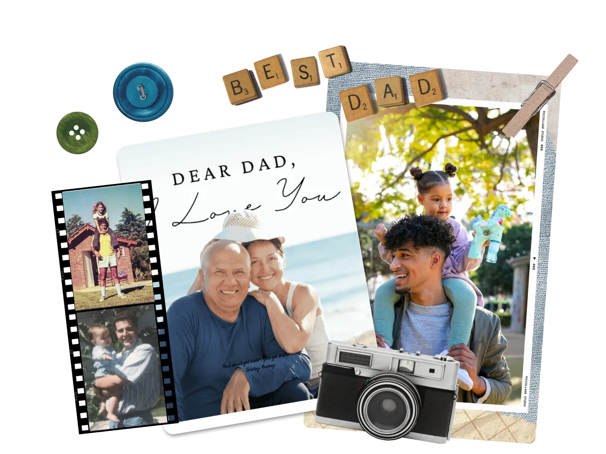 Scrapbook Father's Day card layout: 'Dear Dad' and 'Best Dad' photo cards with a vintage camera, Scrabble tiles, and buttons.