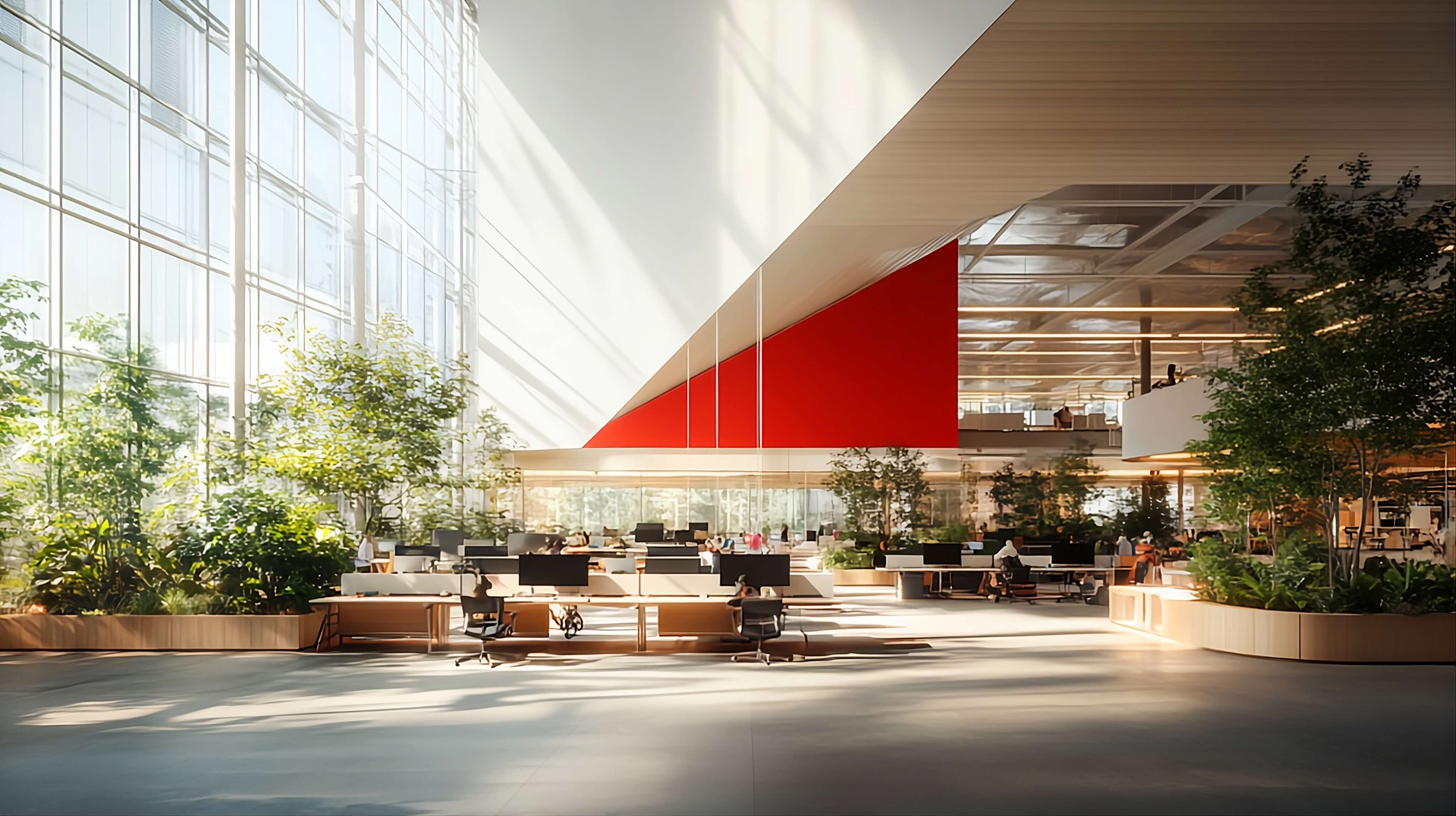 Modern coworking space with red accent wall and tropical plants