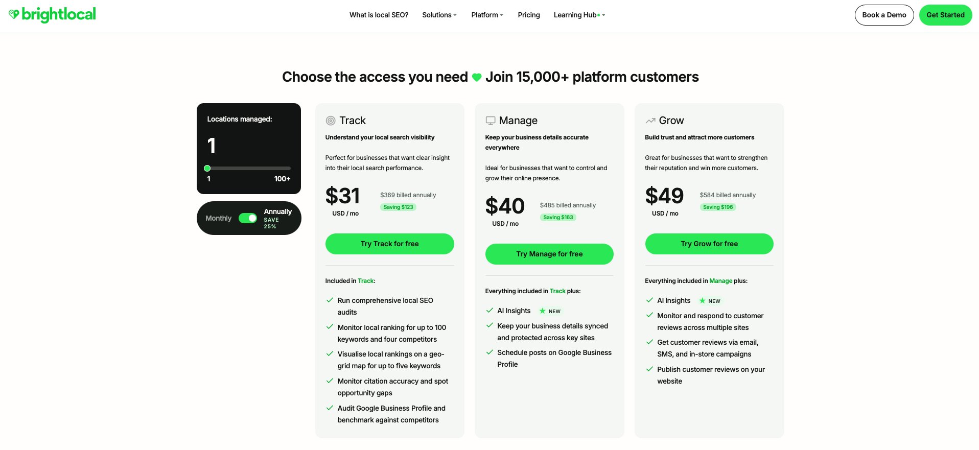 Brightlocal pricing plans showing Track, Manage, and Grow options with annual billing discounts for SEO services.