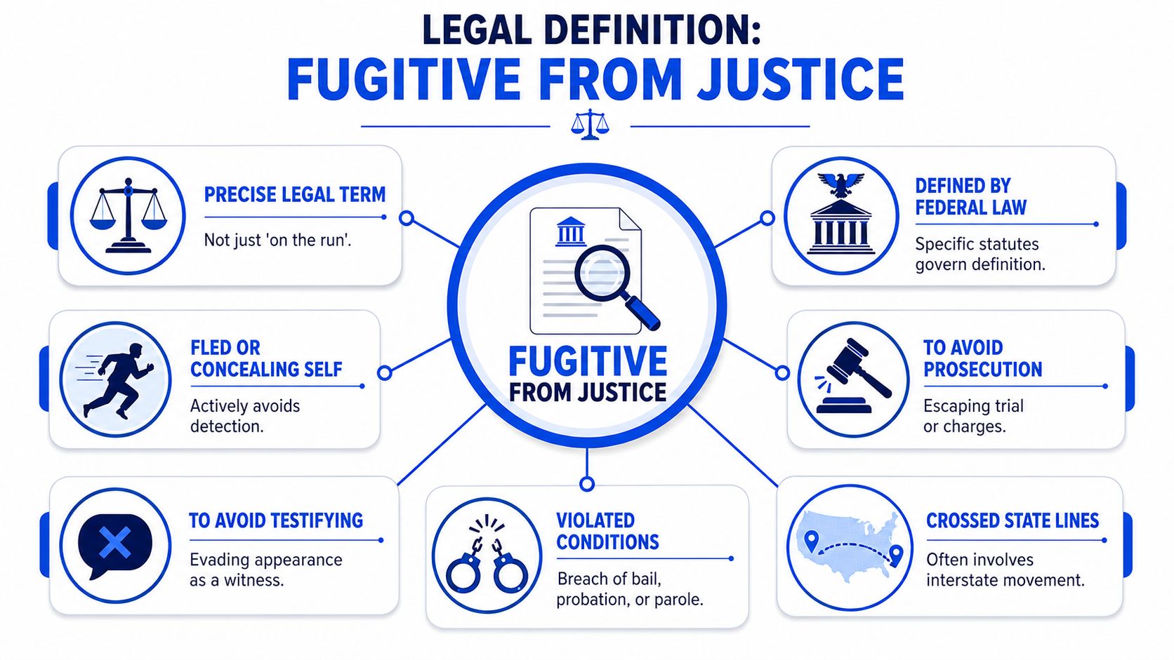 An infographic titled Legal Definition of Fugitive from Justice, detailing legal criteria and common circumstances.